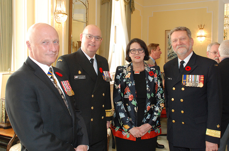 12. Rear Admiral Nigel Greenwood (Ret'd); Rear Admiral Bob Auchterlonie, Commander, Maritime Forces Pacific; Lieutenant Governor Janet Austin; and Rear Admiral Roger Girouard (Ret'd), Assistant Commissioner, Pacific Region, Canadian Coast Guard.