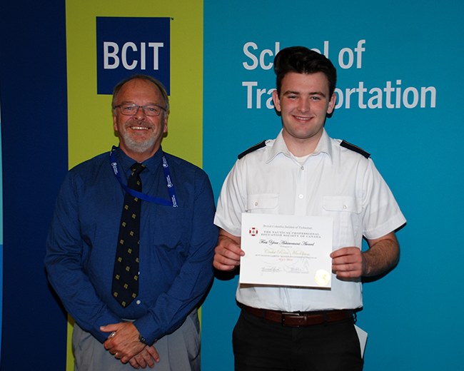 Reece Maddison was presented with a bursary by Richard Smith, representing the Nautical Professional Education Society of Canada